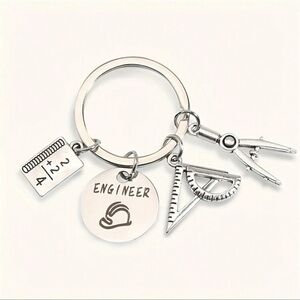 Engineer Keychain Compass Angle Ruler Protractor Charm Silver Plated Father Day